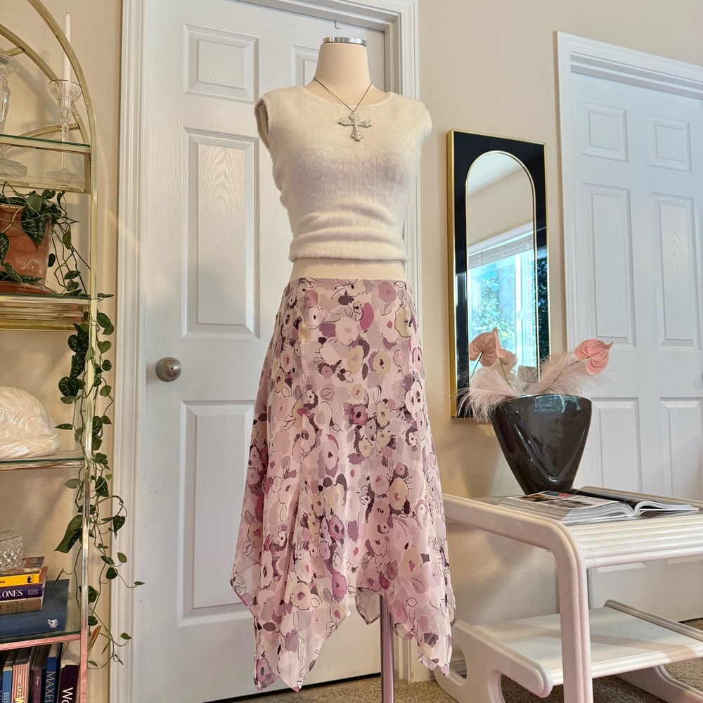 ❌SOLD❌ Vintage Pink Silk Floral Fairy Cut Skirt